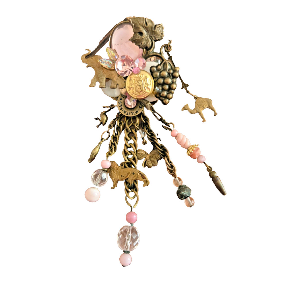 Vintage Lisa Carlson bronze dangle animal theme brooch with buttons pink beads - Picture 2 of 16